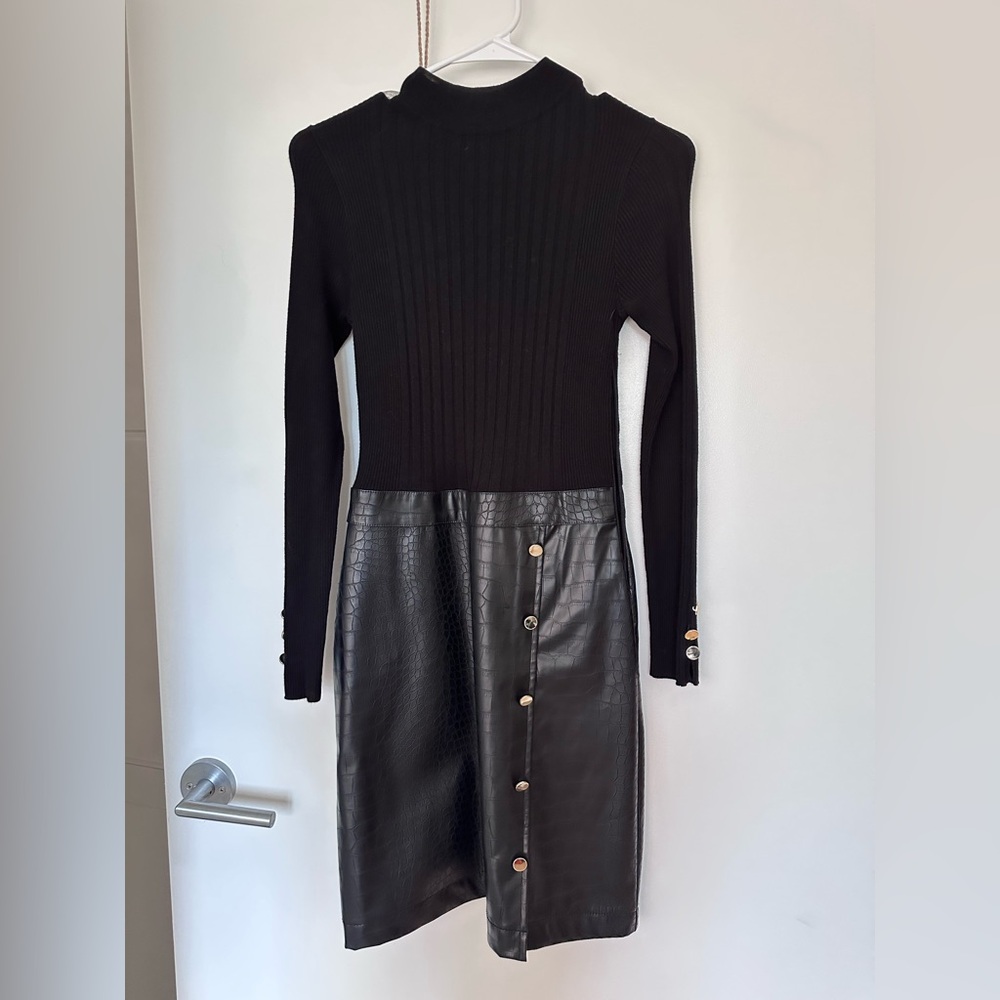Lipsy Black Long Sleeve Rib Knit Dress with Faux Leather Skirt